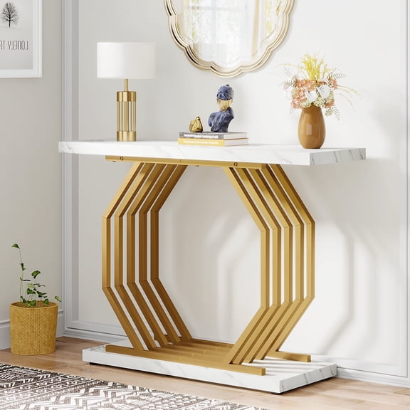 Tribesigns Modern Narrow Entryway Console Table, 40 inch Faux Marble sofa Tables with Metal Base for Living Room, Hallway, Foyer, White & Gold