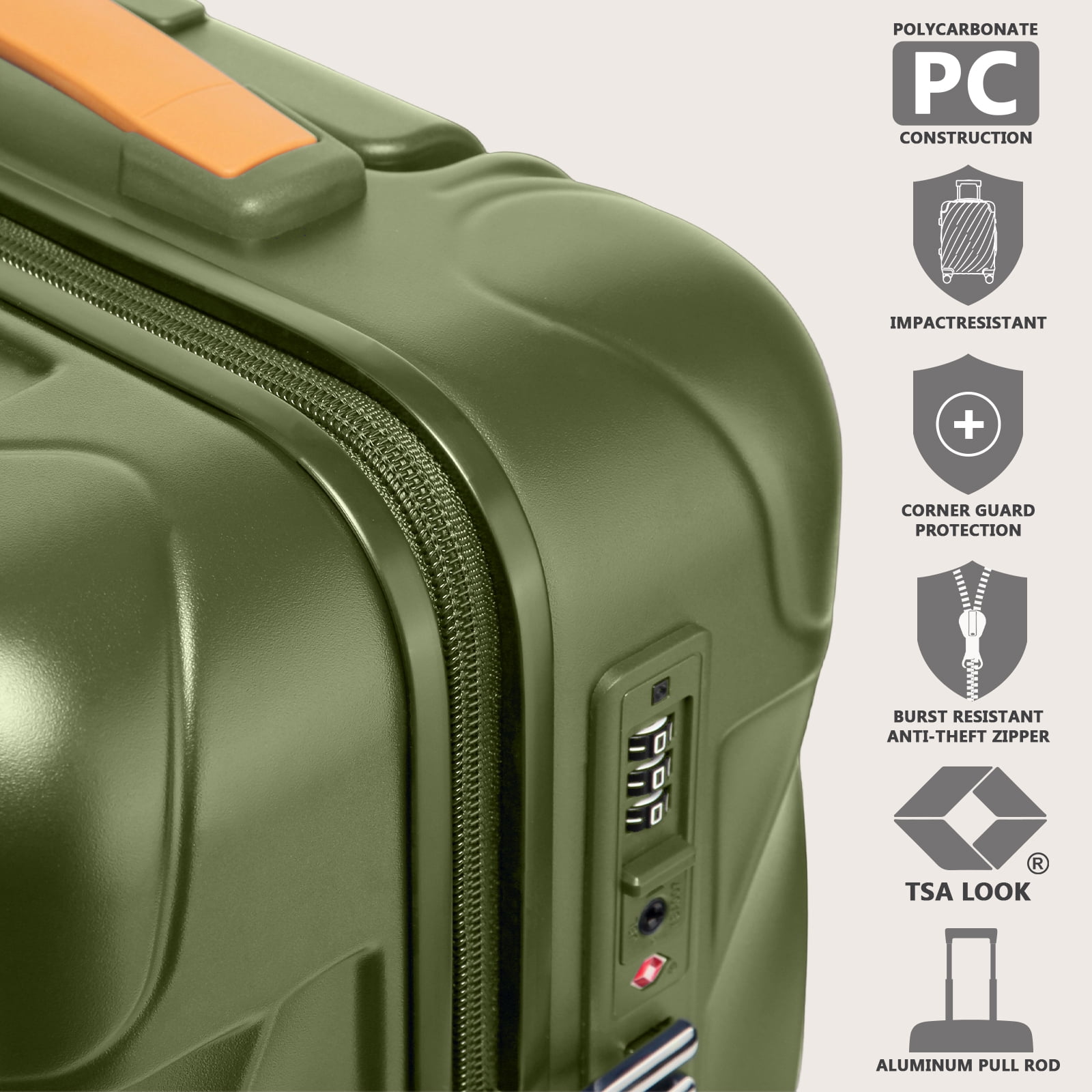 Joyway 3-Piece Carry on Luggage PC Ultra-Hard Shell Lightweight Suitcase TSA Lock Brake Spinner Wheels with Backpack Green