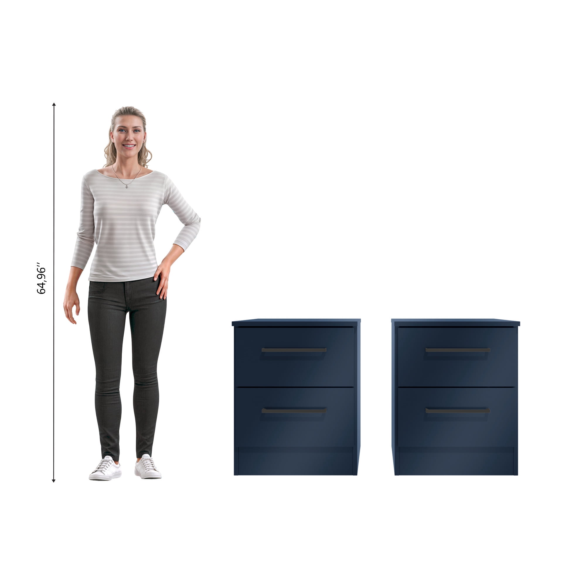 Kappesberg Jolyne 2-Drawer Nightstand Set of 2, Blue with Black Handles – Modern Bedroom Storage for Adults and Teens