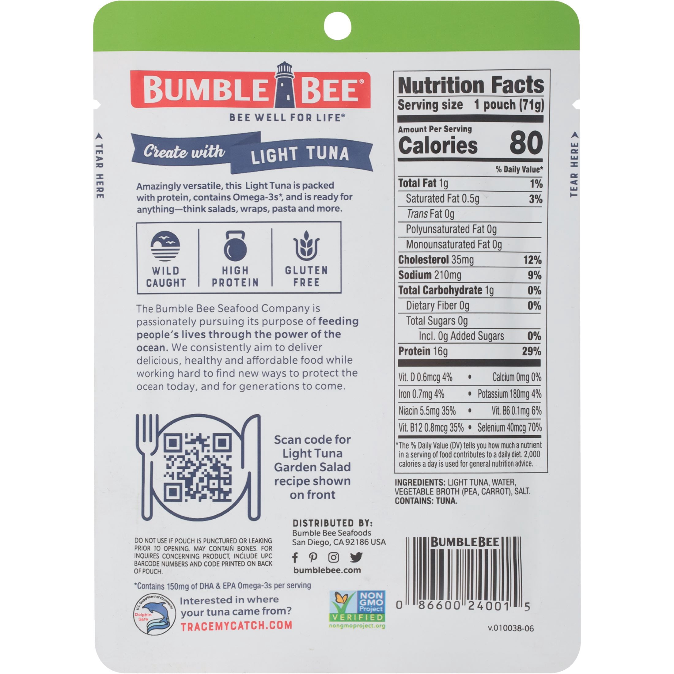 (6 pack) Bumble Bee Light Tuna in Water, Wild Caught, Gluten Free, 16g Protein per Serving, Ready to Eat, Shelf Stable Pouch, 2.5 oz