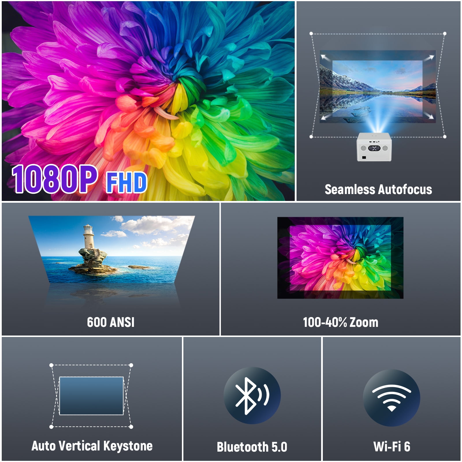 Motorized Focus,Smart Projector with WiFi and Bluetooth, 600ANSI Native 1080P Outdoor Projector, 50% Zoom Home Theater Movie Projector for Bedroom/Outside