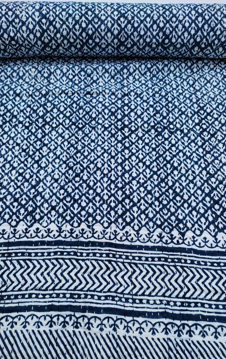 A And E Textiles House Premium Blue Floral Kantha Quilt, Hand Block Print Floral Indian Queen kantha Quilt, Bedspreads Queen Blue Quilt King, Housewarming Gift