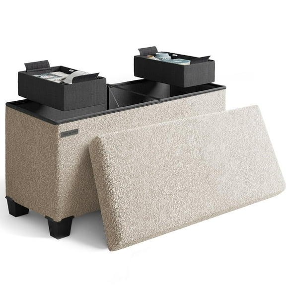 STORAGEBUD Storage Ottoman Bench, 30 Inch Storage Bench for Bedroom End of Bed, Foldable Large Ottoman Foot Rest, Entryway Bench with Storage, Boucle Storage Chest Max 660lbs, Beige