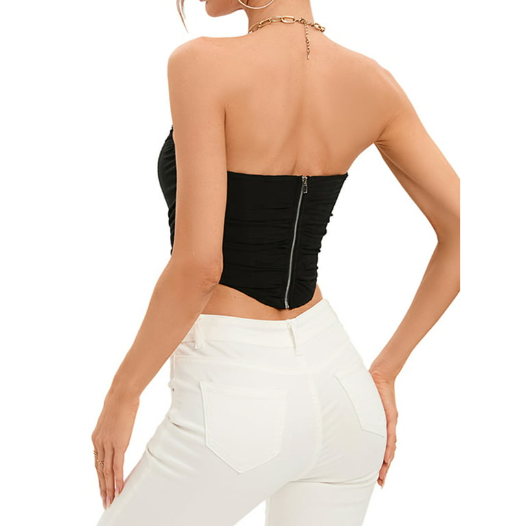 FOCUSSEXY Women's Zip Back Shapewear Sexy Strapless Boned Mesh Open Back  Bustier Zip Up Corset Bodyshaper Crop Top 