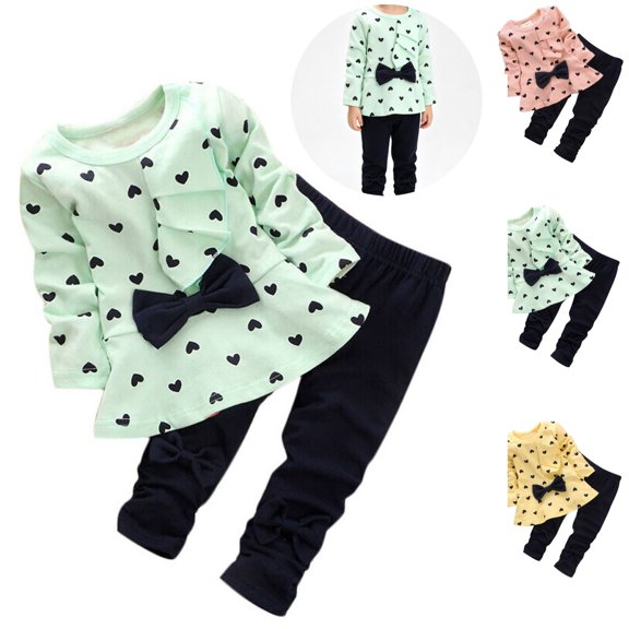 Mfakffe Girls 2‑Piece Outfit Set Long Sleeve Heart Print Ruffle Tunic Top & Solid Pants Fashion Casual Winter Daily Clothing