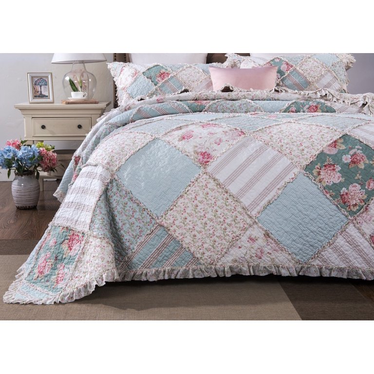 DaDa Bedding Hint of Mint Floral Pastel Cotton Patchwork Ruffle