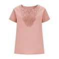 thumbnail image 4 of Womens Cotton Linen Summer Tops, Short Sleeve Shirts for Women Casual Vintage Solid Color Lace Patchwork Notch V Neck Dressy Blouses, 4 of 6