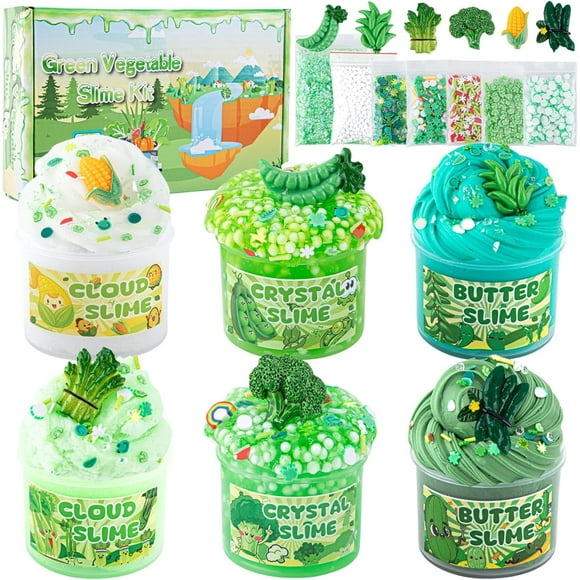 shiyou-6 Packs Gradient Green Slime Kit - Cloud Slime, Butter Slime & Clear Slime, Crunchy Slime for Kids with Various Slime Add-ins, Non Sticky Slime Party Favors for Girls and Boys, 360ml Vegetable
