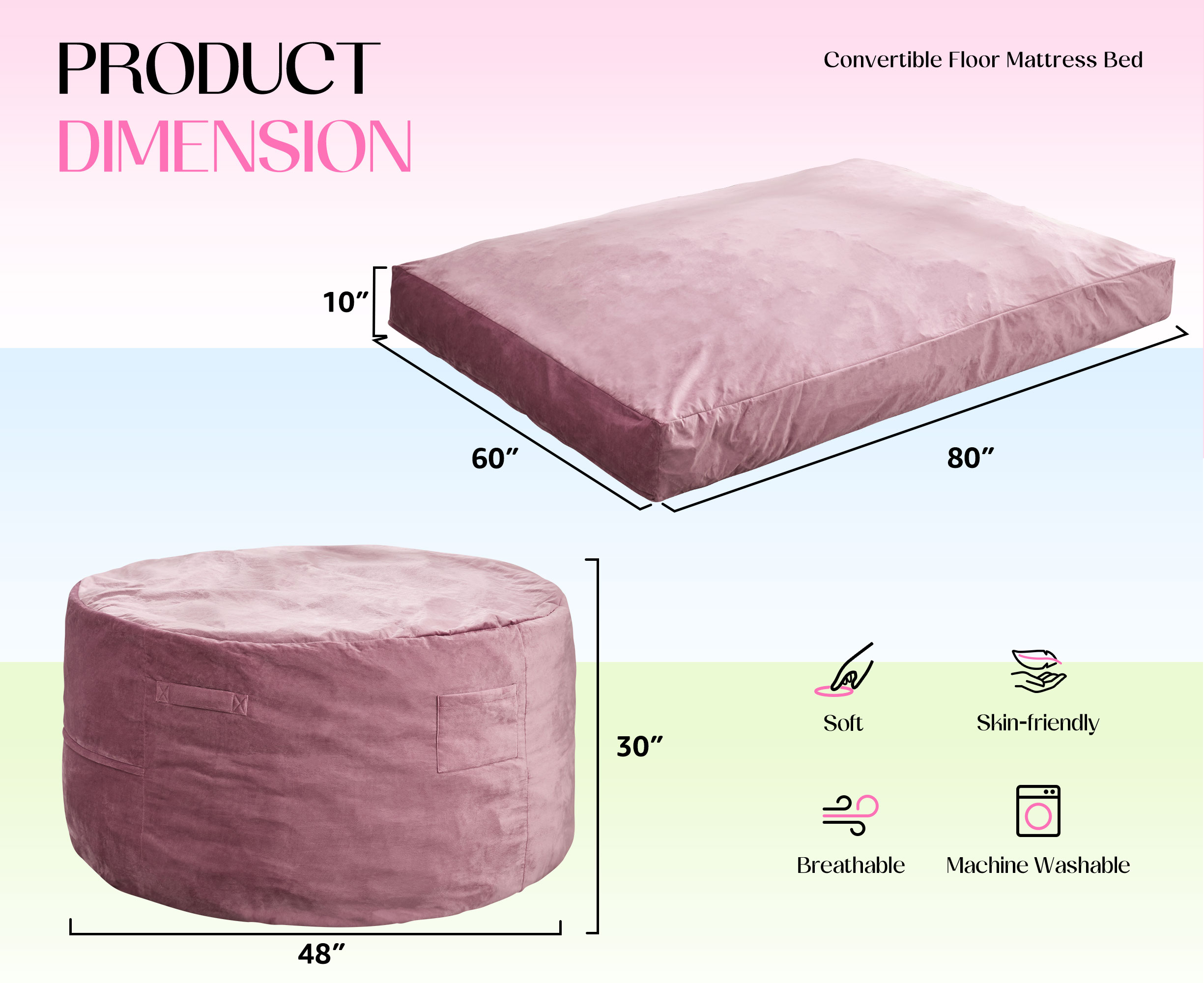 Hobestluk Bean Bag Chair 3 in 1 Beanbag Chairs for Adults, Large Bean Bags with Removable Velvet Cover, Convertible Adult Bean Bag Chair for Living Room, Bedroom, Playroom (Pink, Queen)