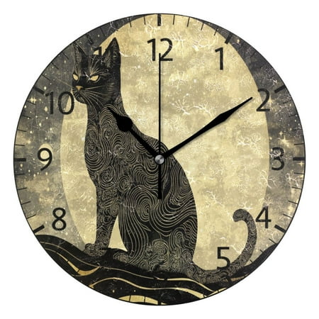 YAZAOO Decorative Wall Clock Size๏ผ25cm Black Cat on Full Moon Design Pattern Clock
