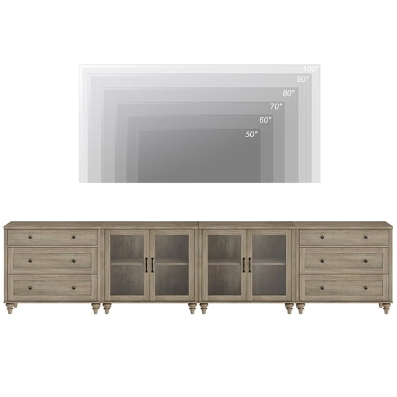 4-in-1 TV Stand for 75 Inch TV, Wood TV Cabinet Entertainment Center Television Stands for Living Room, Sideboard Buffet Cabinet with Glass Door & Drawer for Kitchen, Wash Grey