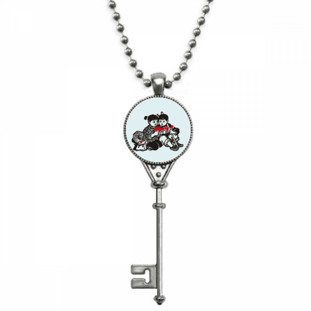 China Red Education Propaganda Study Pendant Vintage Necklace Silver Key Jewelry