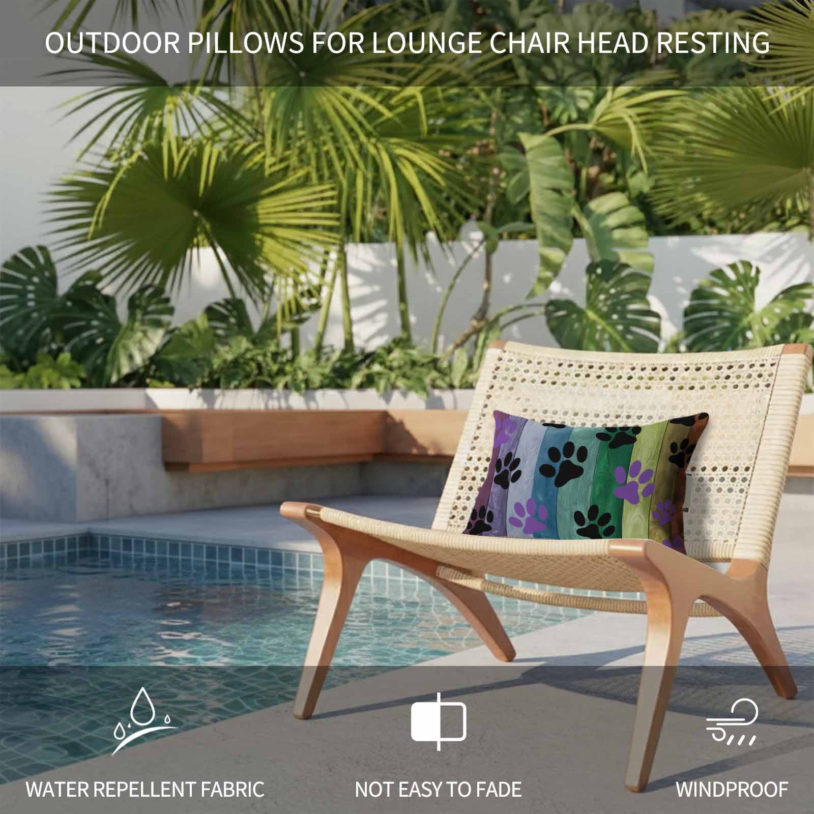 Colorful Dog Outdoor Chaise Lounge Pillows Paw Prints on The Board Lumbar Pillows with Insert Adjustable Elastic Strap Headrest Pillow for Recliner Patio Chair 1 Pack 11x16 Inch