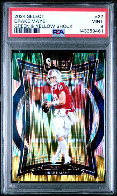 Graded 2024 Panini Select Drake Maye #27 Green & Yellow Shock Rookie RC Football Card PSA 9 Mint