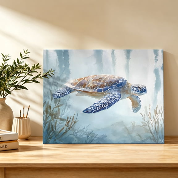 Coastal Sea Turtle Canvas Wall Art, Nautical Ocean Watercolor Marine Life Seaweed Wall Art Prints Artwork Framed Canvas Ready to Hang Art Pictures for Dining Room Bedroom Study Lounge Nook 18" x 12"