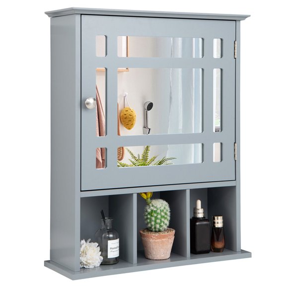 Gymax Mirrored Medicine Cabinet Bathroom Wall Mounted Storage W/Adjustable Shelf Grey