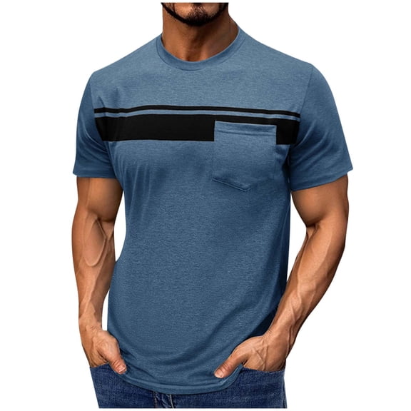 GuangCheng Mens Short Sleeve T-Shirts,Colorblock,Striped Tops with Chest Pocket,Regular Fit,Soft,Breathable,Comfortable,Casual Wear Shirts,Blue,Size 3XL