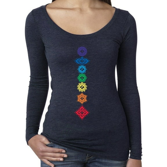 Womens Floral Chakras Long Sleeve Yoga Tee Shirt - Vintage Navy