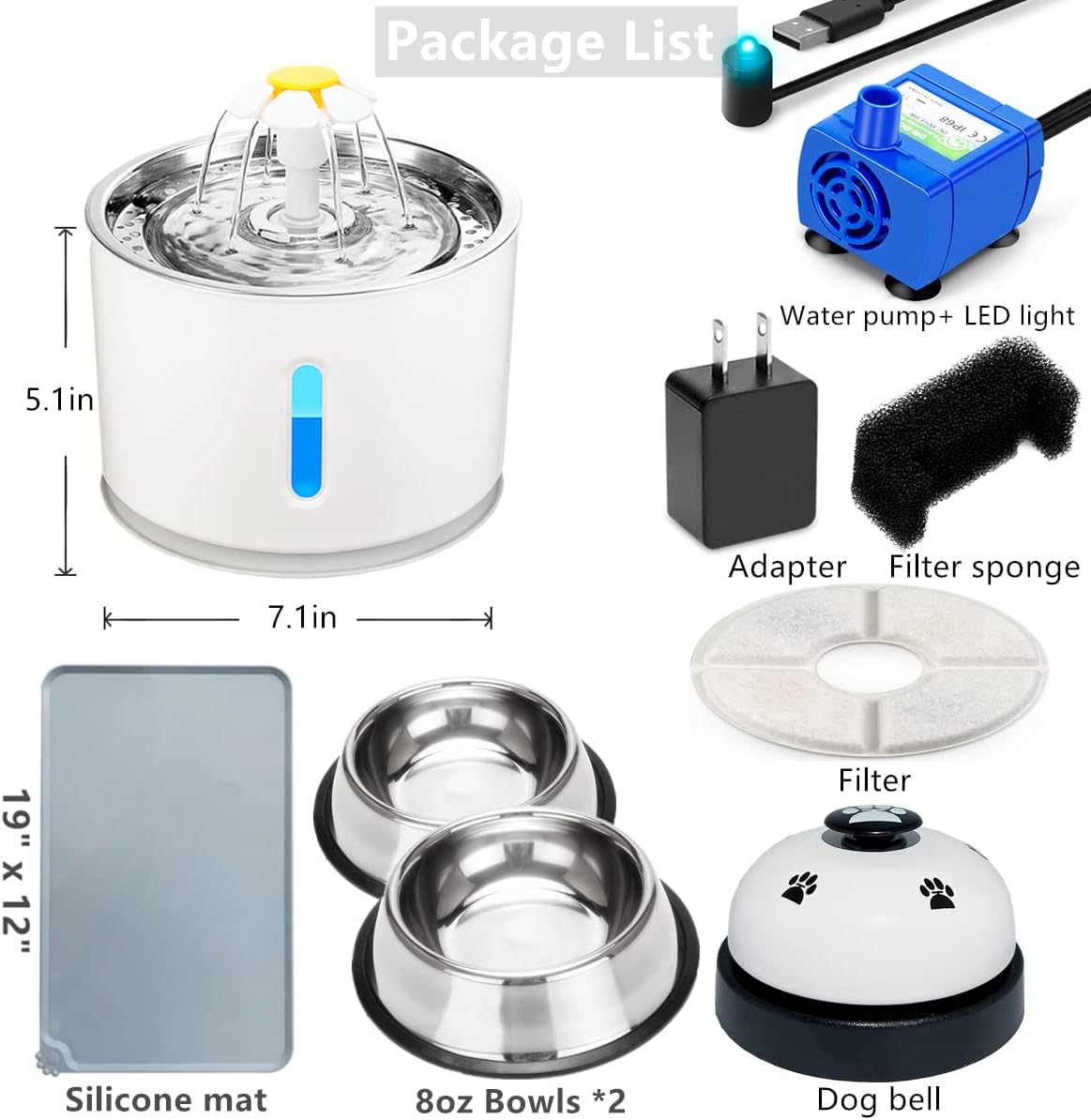 Pet Fountain, Stainless Steel 81oz/2.4L Automatic Cat Water Fountain Dog Water Dispenser with Filters, Silicone Mat, Bowls, Pet Bell