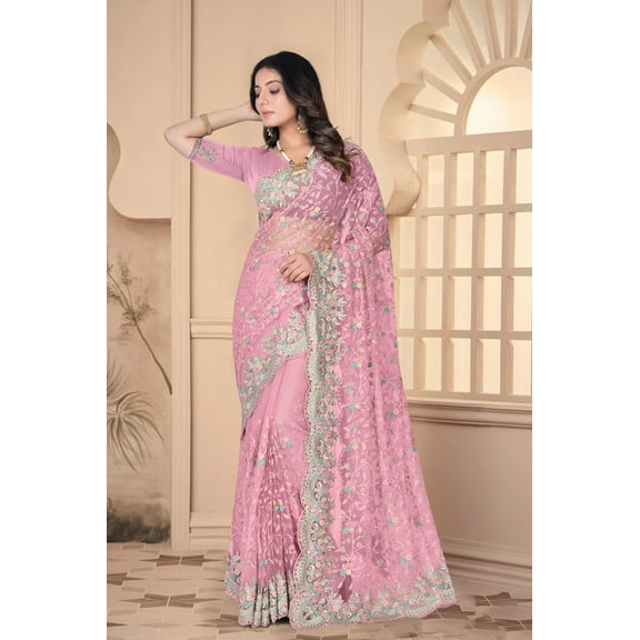 Designer Pink Resham Embroidery Work Net Saree