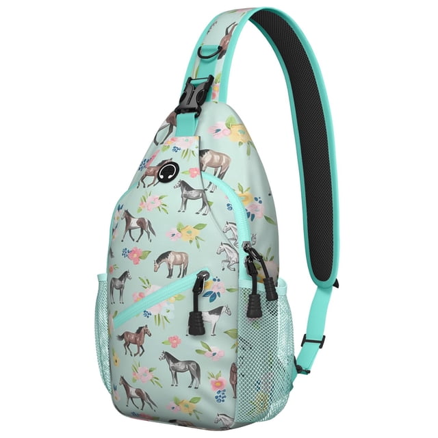 Wild Horse Pattern Sling Backpack, Artistic Rural Horse and Farm Animal Print Crossbody Bag, Flower and Nature Inspired Design for Riders