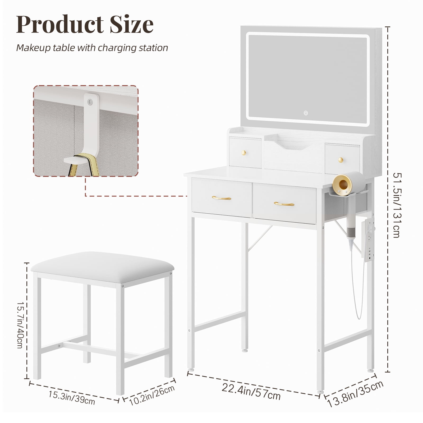Tomnk White Vanity Desk with Mirror, LED Lights, Storage Shelves, Drawers & Chair