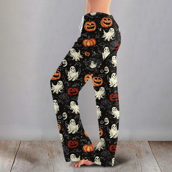 Halloween Women's Pajama Bottoms Pumpkin Ghost Bat Printing Casual Comfy Sleepwear Lounge Pants Waist Drawstring Sweat Pants