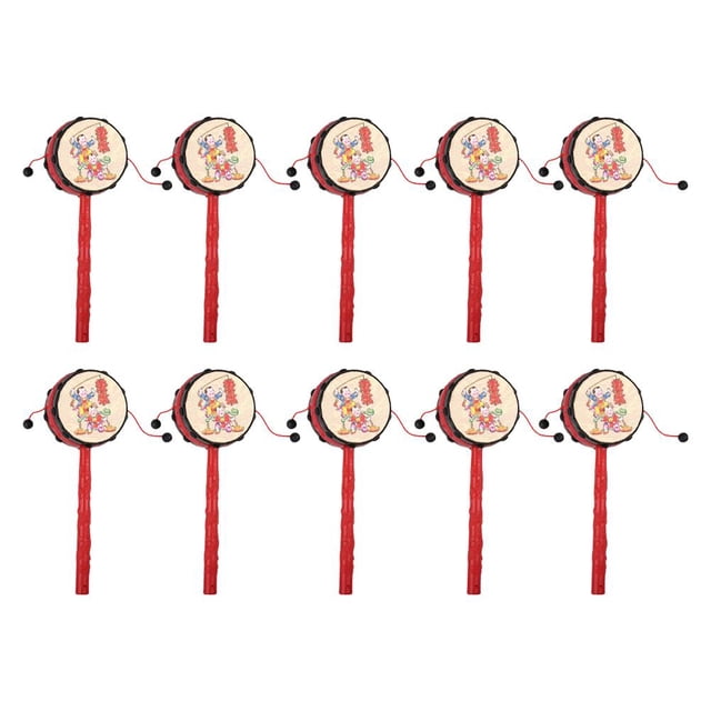 Chinese Traditional Rattle Drum Handheld Rotating Drum for Kids, Cultural Music Toy with Colorful Cartoon Design and Wooden Handle