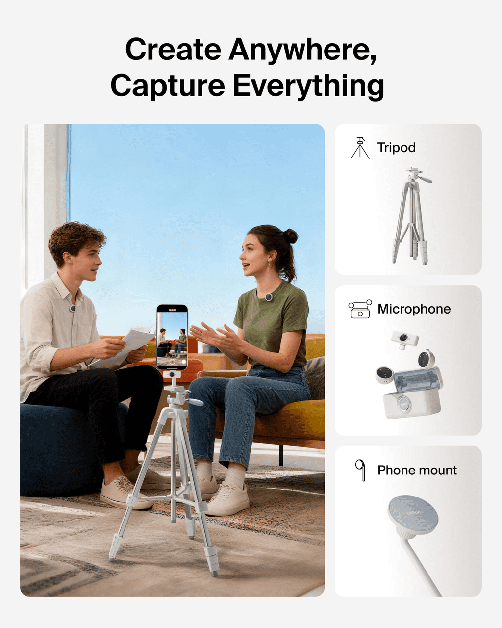 Belkin Stage Creator Kit w/ Tripod Stand, Magnetic Phone Mount, Dual Wireless Microphones - Portable Content & Vlogging Setup for iPhone, Android, TikTok, YouTube, Streaming, Instagram Creator