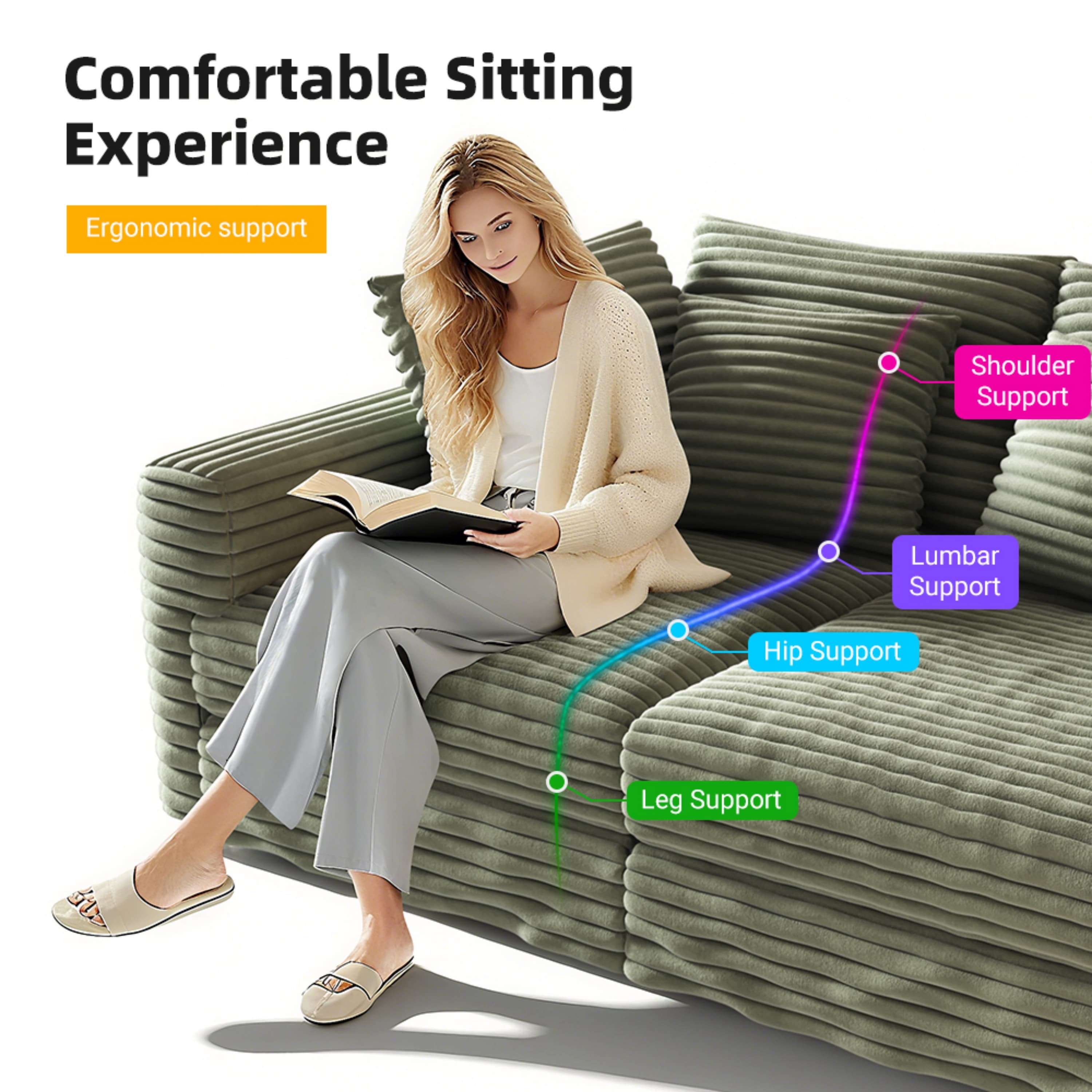 Alvantor 4-Seat Sofa with 2 Movable Ottomans 102" W Corduroy Upholstered Deep Seat Couches U Shaped Convertible Chaise for Living Room, Apartment Green