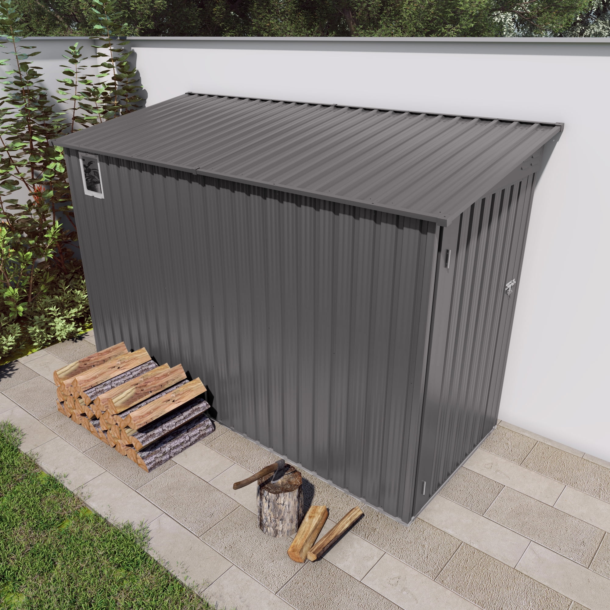 Easmvetaln 4x9FT Metal Lean To Shed with Window & Lockable Door, Outdoor Storage Shed for Backyard Garden (Gray)