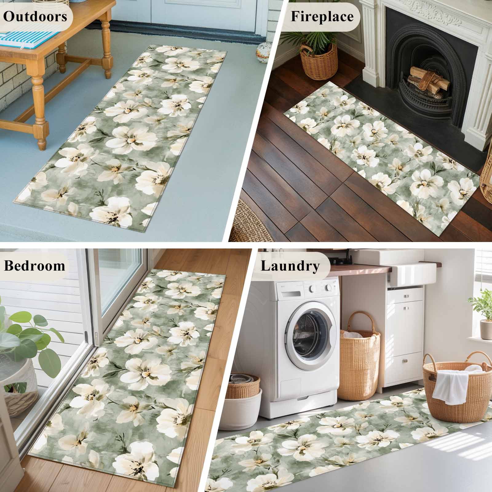 Vintage Magnolia Runner Rugs 2x6 ft White Blooming Flower Oil Painting Style Washable Hallway Rugs Non-Slip Floor Mats Absorbent Carpet Bedside Runners for Bedroom Kitchen Bathroom Laundry Room