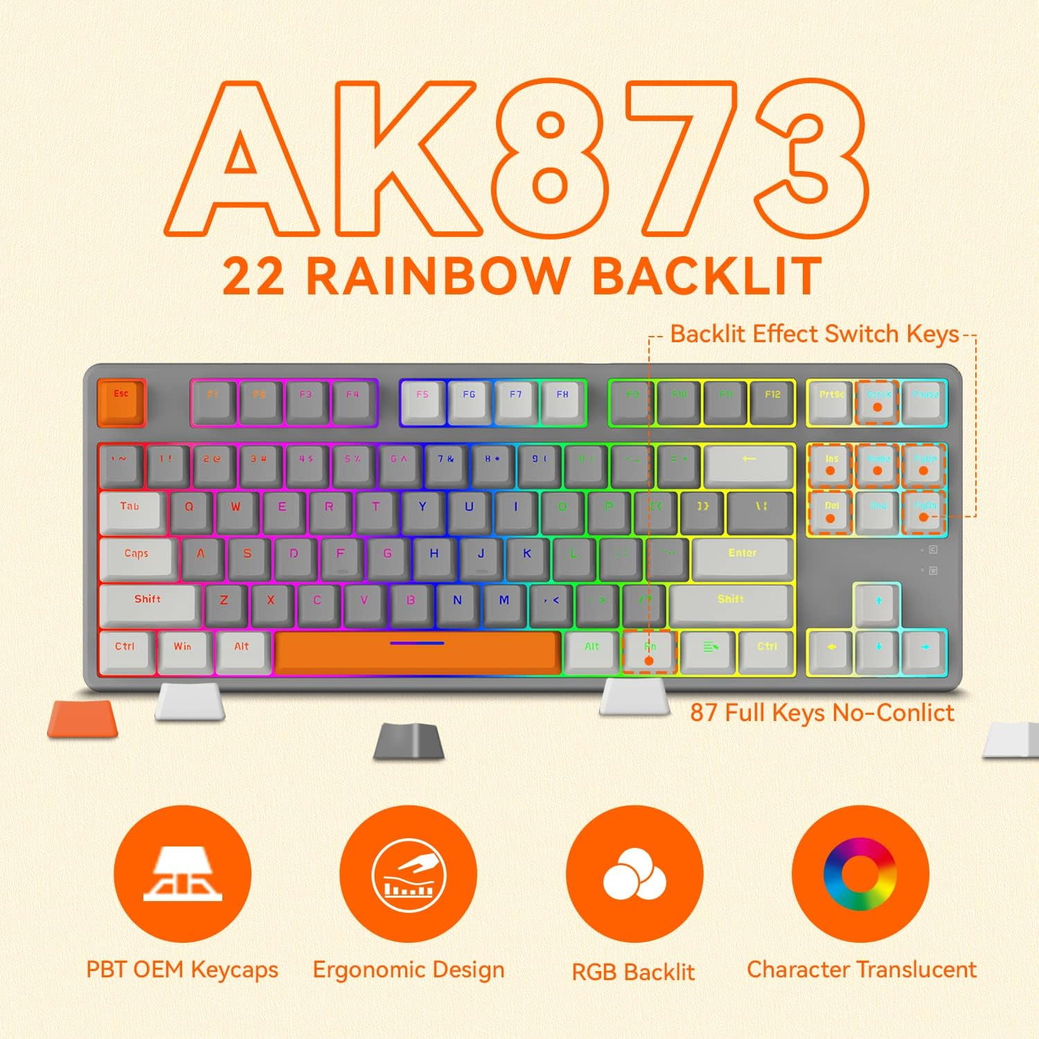 AK873 Gaming Keyboard,Chroma RGB Backlit,Hot-Swappable Linear Red Switch,PBT Keycap,75% TKL Layout,Ergonomic Mechanical Keyboard with Custom Coiled USB/Type-C Aviation Cable(Orange Gray)