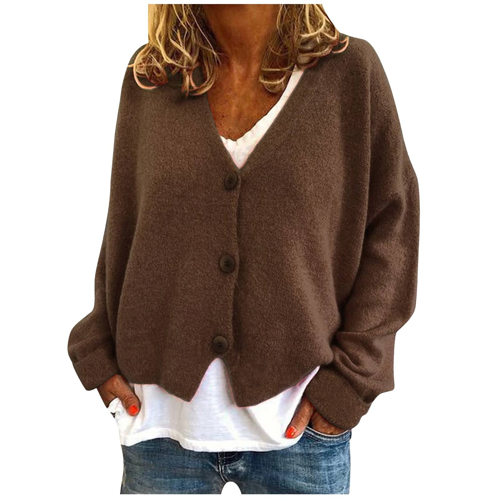 Cardigans for Women Plus Sizes Knit Long Sleeve Brown Sweater Solid Loose Button Casual Cardigans - image 2