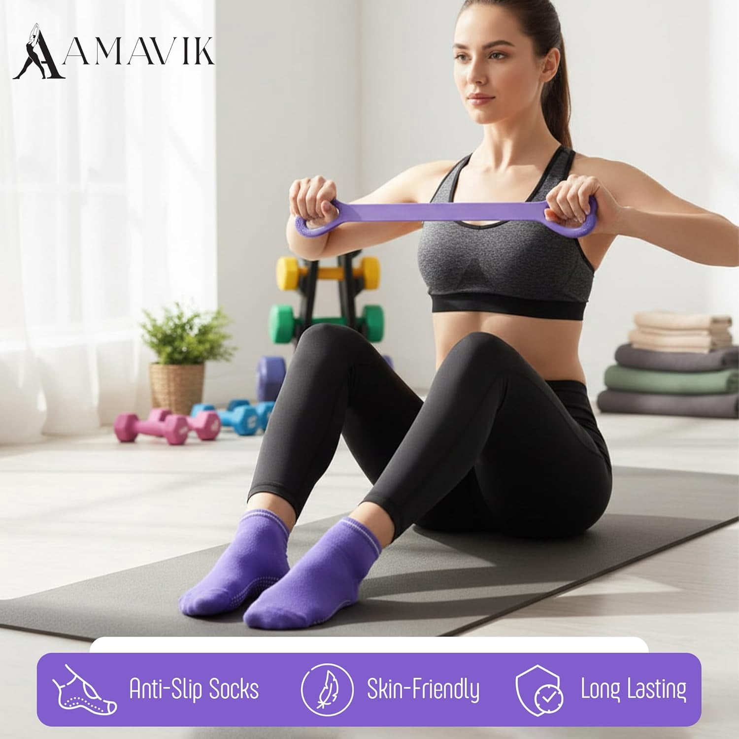 AMAVIK Pilates Kit 15-Piece Home Workout Set of 5 Resistance Bands Pilates Ring and Ball Set with Accessories-A Complete Pilates Set for Women to Improve Strength, Flexibility and Balance Body-Purple