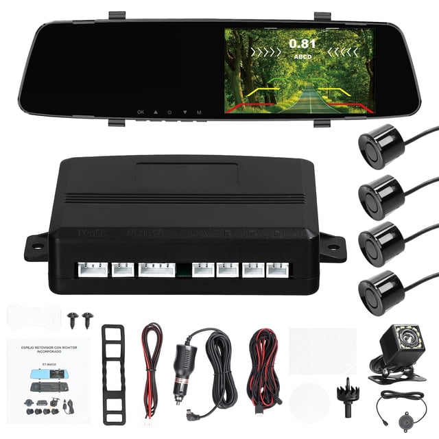 Riwcyla 1080P DVR Dash Camera with 4 Parking Sensor Reverse Radars Front & Rear Dual Camera Driving Recorder with 4.3 Inch Screen Support Night,Vision/Motion Detection/Collision Locking/Loop Recordi