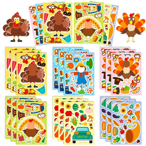 Lydiaunistar 6 Sheets Thanksgiving DIY Turkey Sticker Craft Kit for Kids, Make Your Own Turkey Stickers, Party Favors, Decorations, Holiday Game Activity Supplies