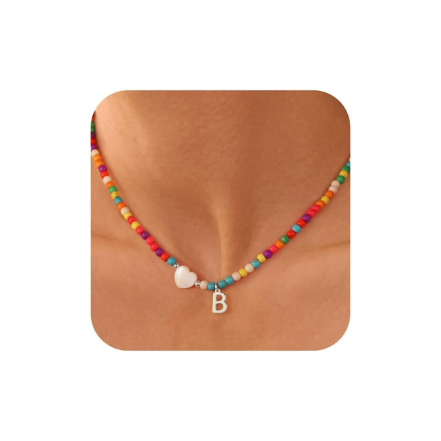 Collar Ursteel con cuentas con inicial B bañado en plata, 36,5 cm