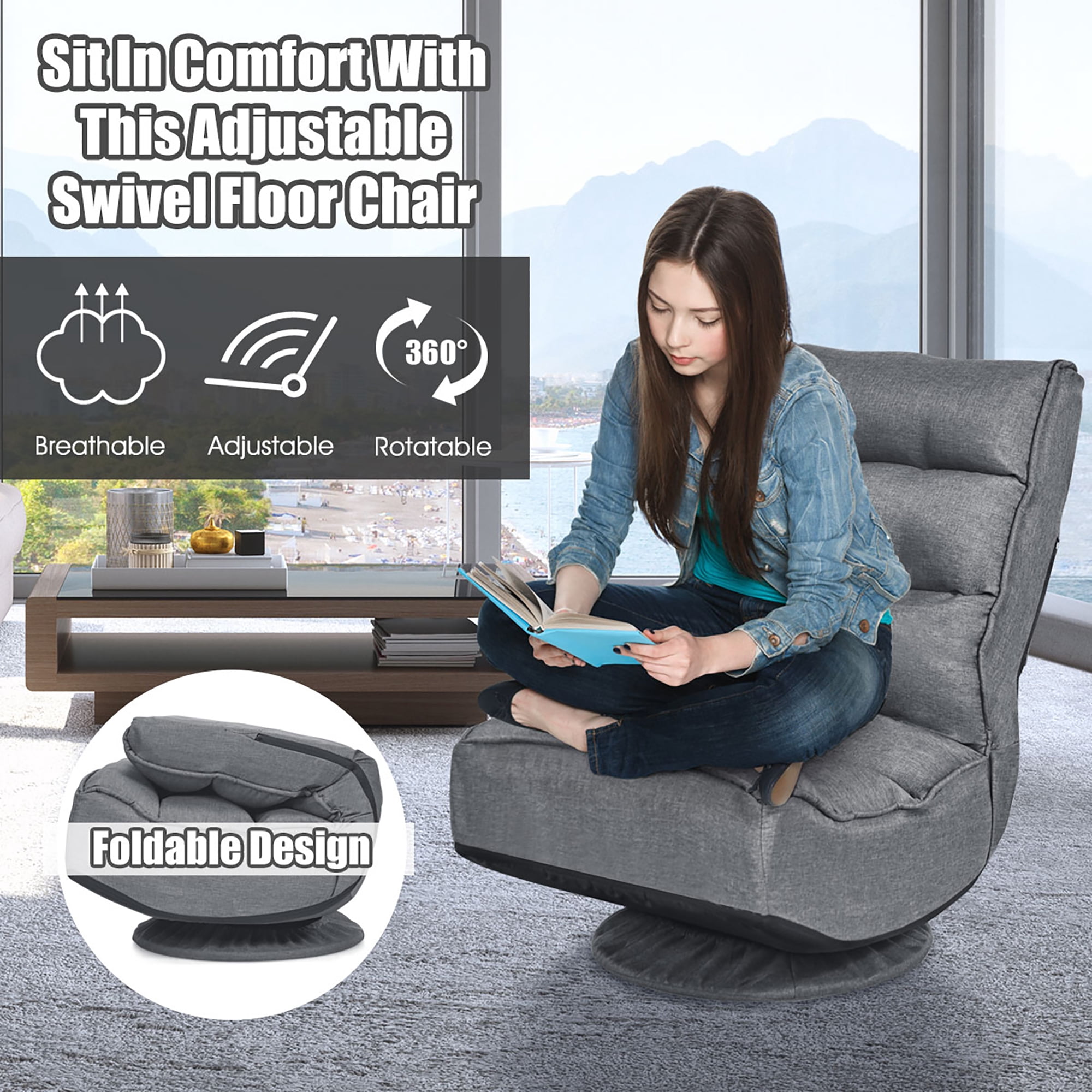 Costway Gaming Chair Fabric 6-Position Folding Lazy Sofa 360 Degree Swivel Grey