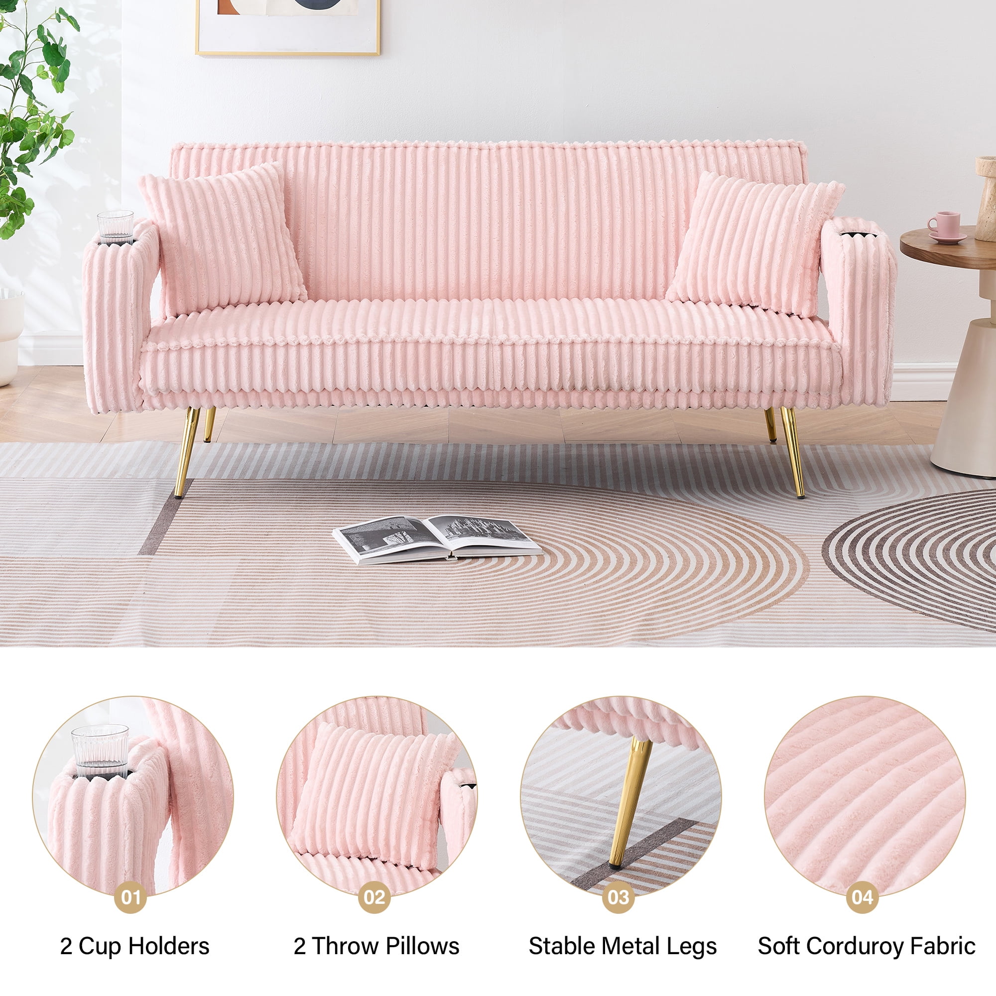 Aukfa Corduroy Futon Convertible Sofa Bed, Pink