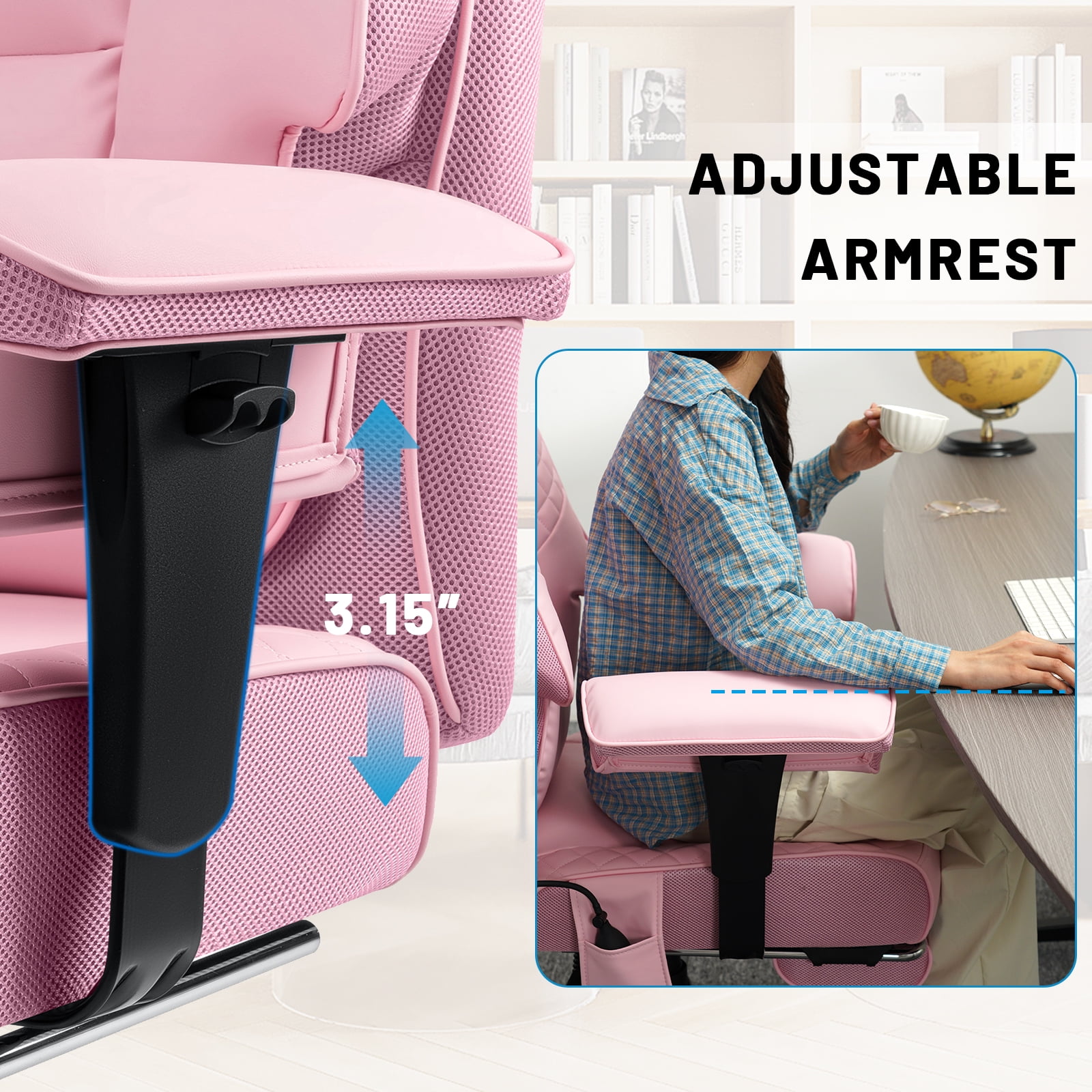 Hoffree Big and Tall Office Chair 500lbs, Reclining Ergonomic Desk Chair with Adjustable Lumbar Support, Arms and Headrest, Executive Leather High Back Computer Chair with Footrest for Home, Pink
