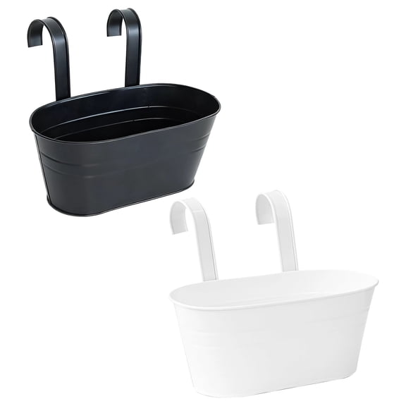 2 Pcs Iron Railing Planter, 11 x 8.7 x 3.5 in / 28 x 22 x 9 cm Oval Hanging Planters, Matte Black/White Outdoor Indoor Balcony Planter, Rustproof Wall-Mounted Flower Pots with Detachable Hooks