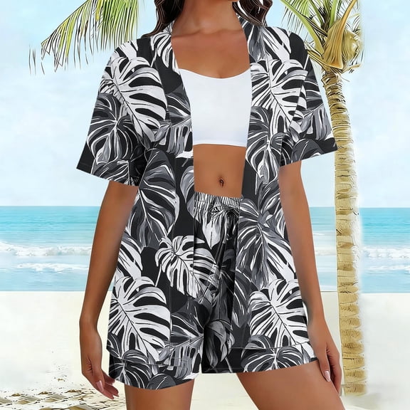 Gamivast Vacation Sets Women 2 Piece Outfits Floral Print Kimono Cardigan & Shorts with Cami Top 3 Piece Summer Suits Beach Cover Up Hawaiian Resort Clothing