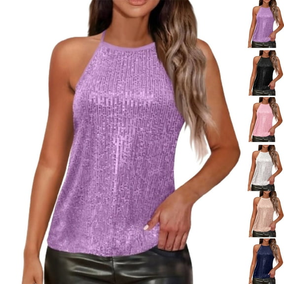 Womens Sequin Halter Tops Sparkle Shimmer Tanks Tops Sleeveless Shiny Ruched Sparkly Glitter Party Shirt Country Concert Disco Outfits,Purple S