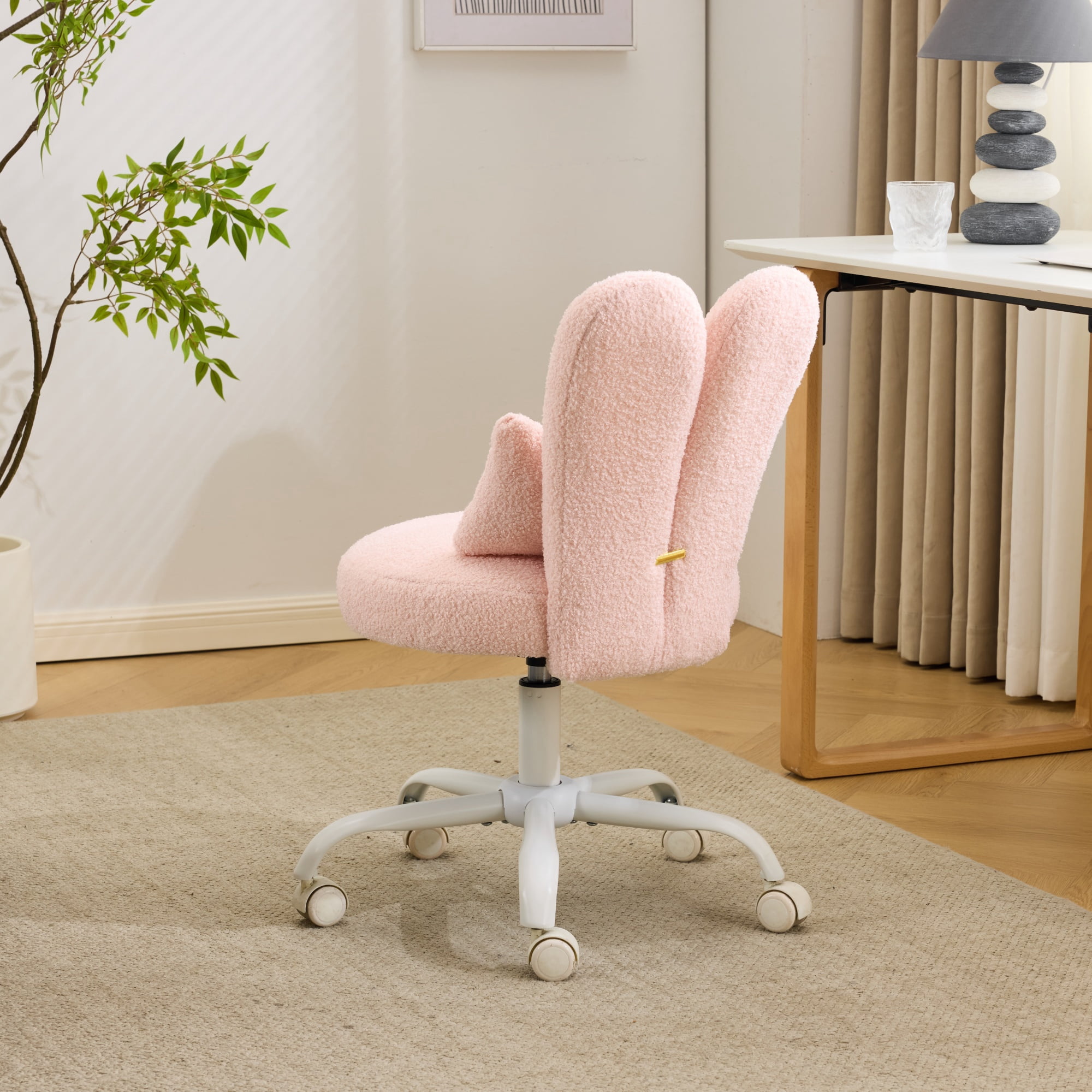 Ktaxon Teddy Fleece Office Chair, Rabbit Ear Backrest Vanity Chair, Adjustable Swivel Reading Chair for Home Office Pink