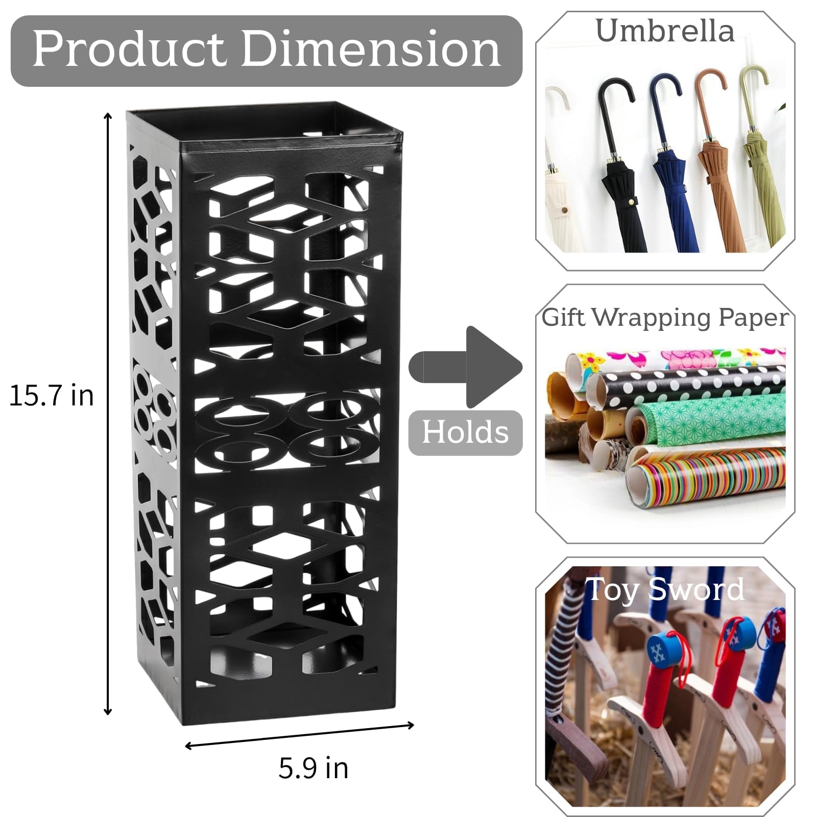 Metal Umbrella Holder Stand For Entryway  Square Organizer Walking Sticks Storage Bin Freestanding Home Office Hotel Black 5.9 X 5.9 15.7 Inches