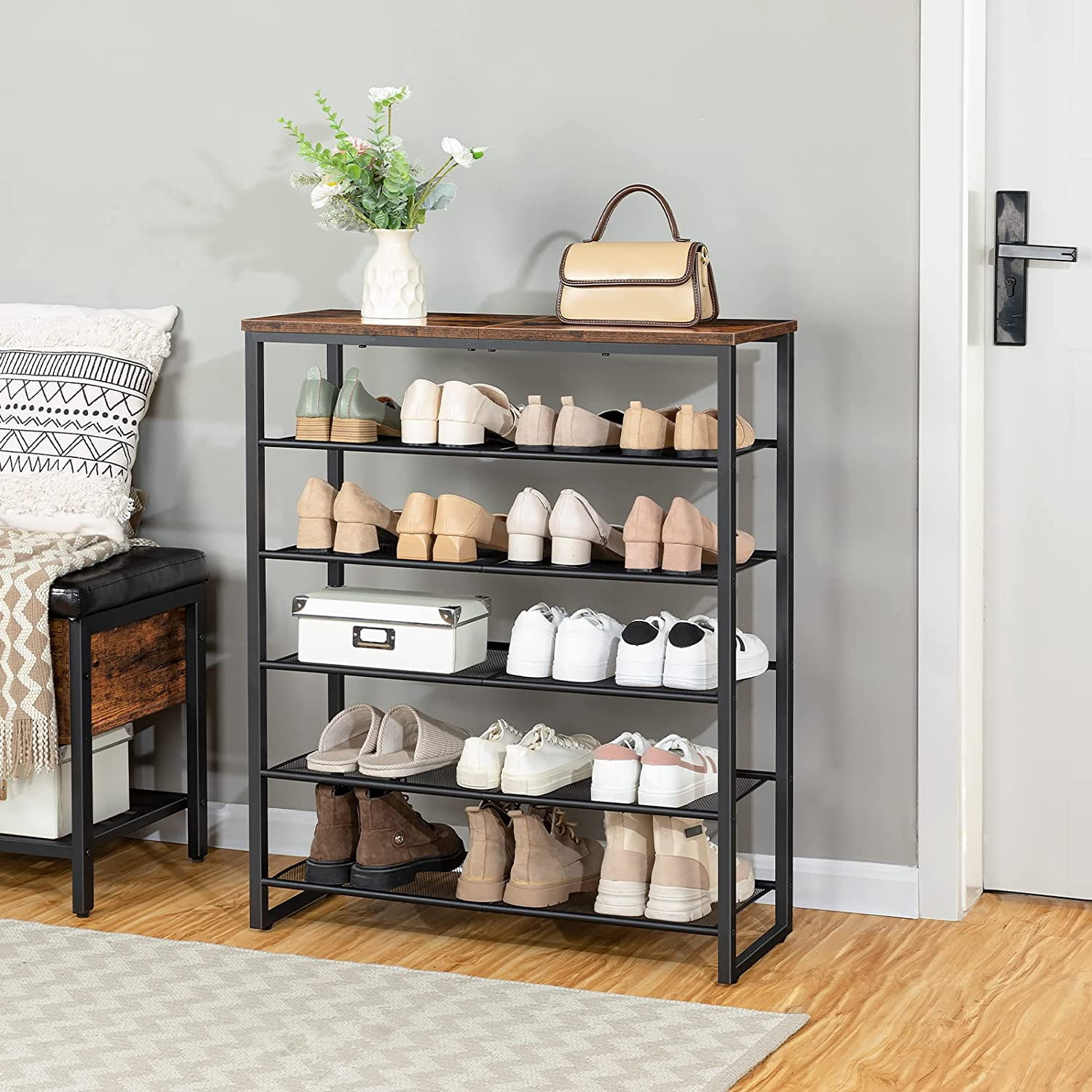 HOOBRO Shoe Rack 6-Tier Shoe Organizer Storage Shelf Entryway Closet Hallway Industrial Furniture Rustic Brown BF67XJ01G1