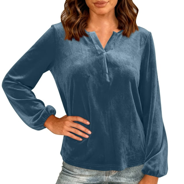 HongQid Womens Velvet Holiday Tops Party Blouse Long Sleeve V-Neck Spring Fall Winter Shirts