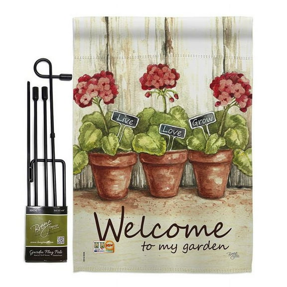 Breeze Decor BD-SH-GS-100064-IP-BO-D-US16-AL 13 x 18.5 in. Welcome TMy Garden Inspirational Sweet Home Impressions Decorative Vertical Double Sided Flag Set with Banner Pole
