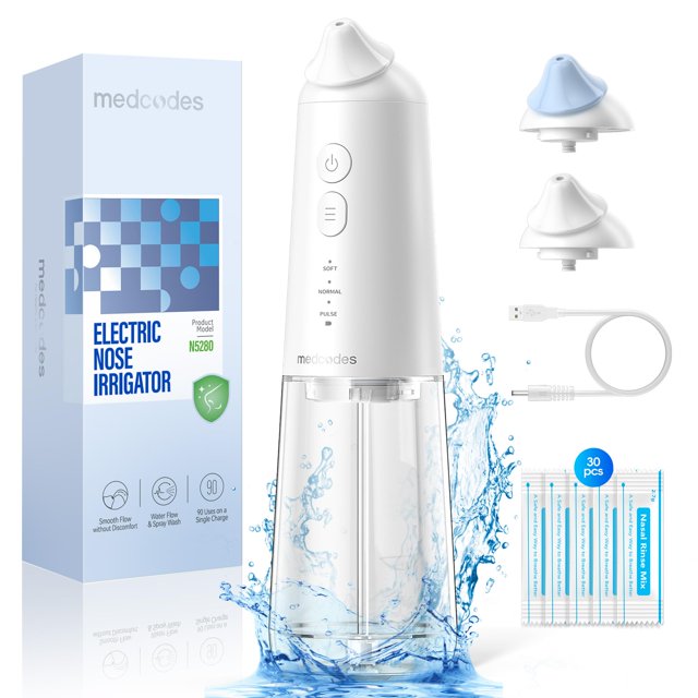 Medcodes Nasal Irrigation System, Cordless Pulsating Sinus Rinse Bottle, Nasal Rinse Machine for Sinus Relief & Nasal Care, Electric Neti Pot Nose Cleaner with 30 Salt P